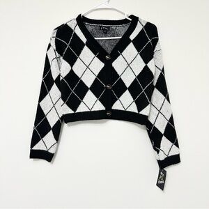 Art Class Black and White Argyle Checkered Cropped Cardigan Sweater Girls 10/12